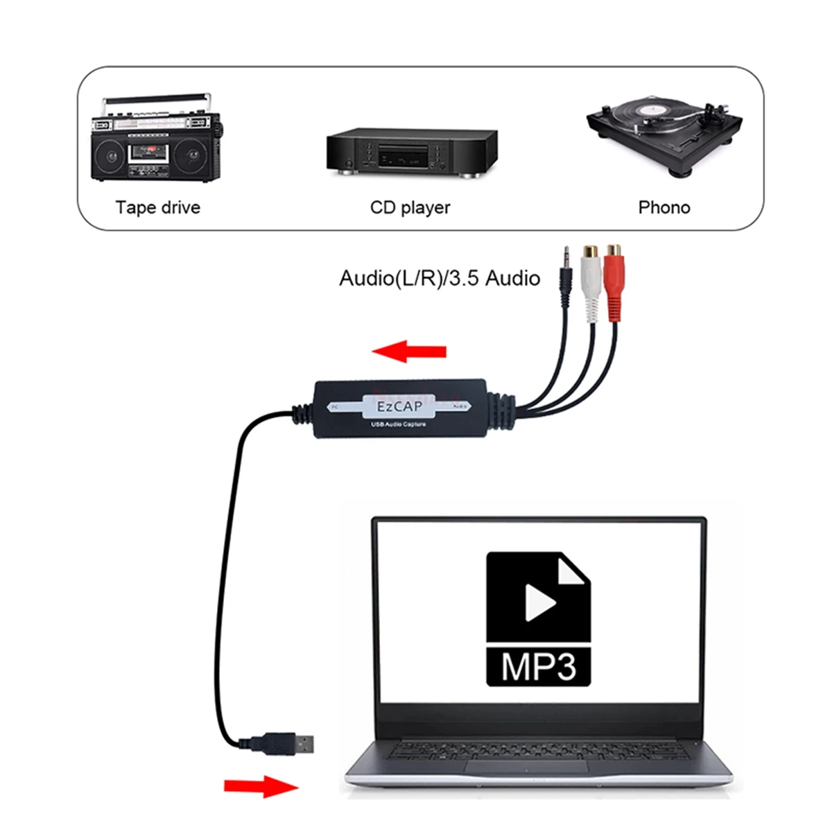 Ezcap USB 3,5 mm audio-opname Grabber Bewerken audiokabel naar digitaal voor het opnemen van analoge audiocassetten naar CD/MP3-converter-N34R