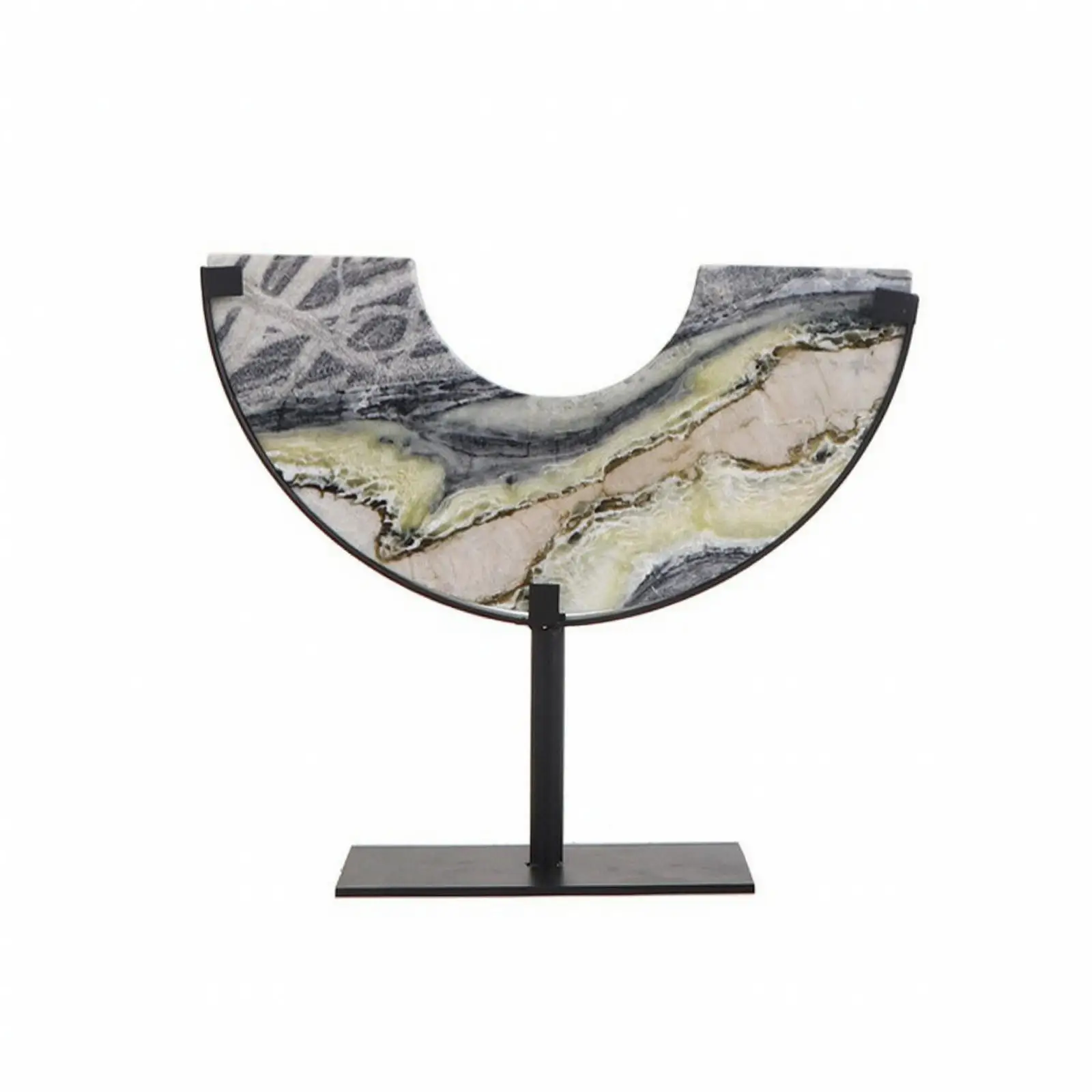 Half-Moon Stone Ornament with Metal Stand Freestanding Stone Tabletop Decoration with Metal Base Geometric for Office, Living