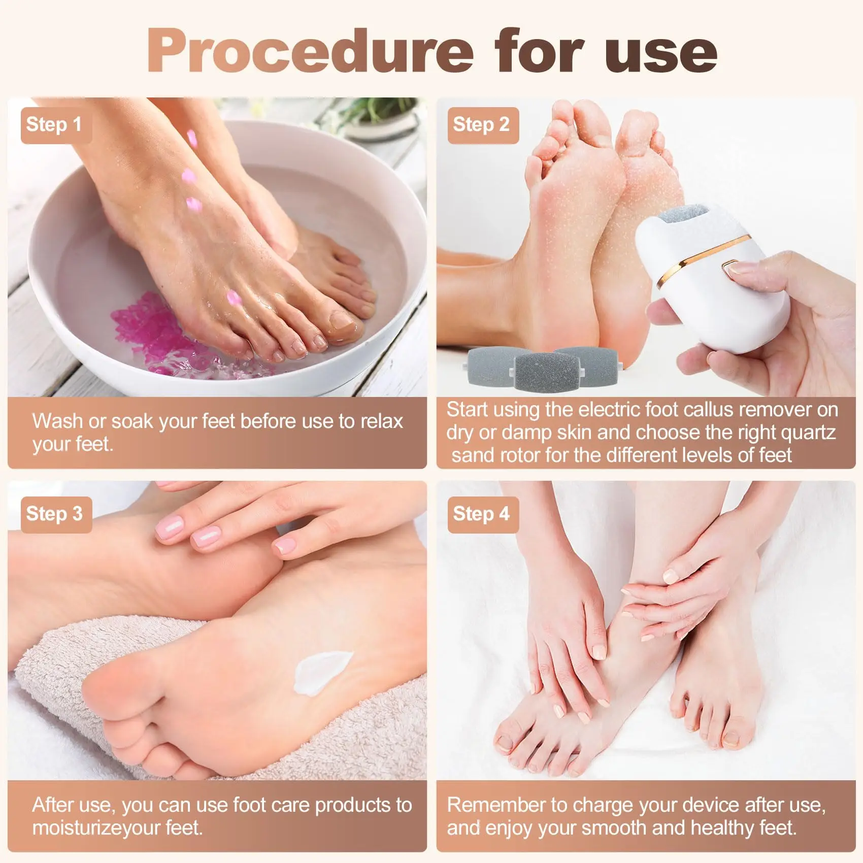 Electric Foot File & Callus Remover – Rechargeable Pedicure Tool with 2 Speeds and 3 Interchangeable Grinding Heads