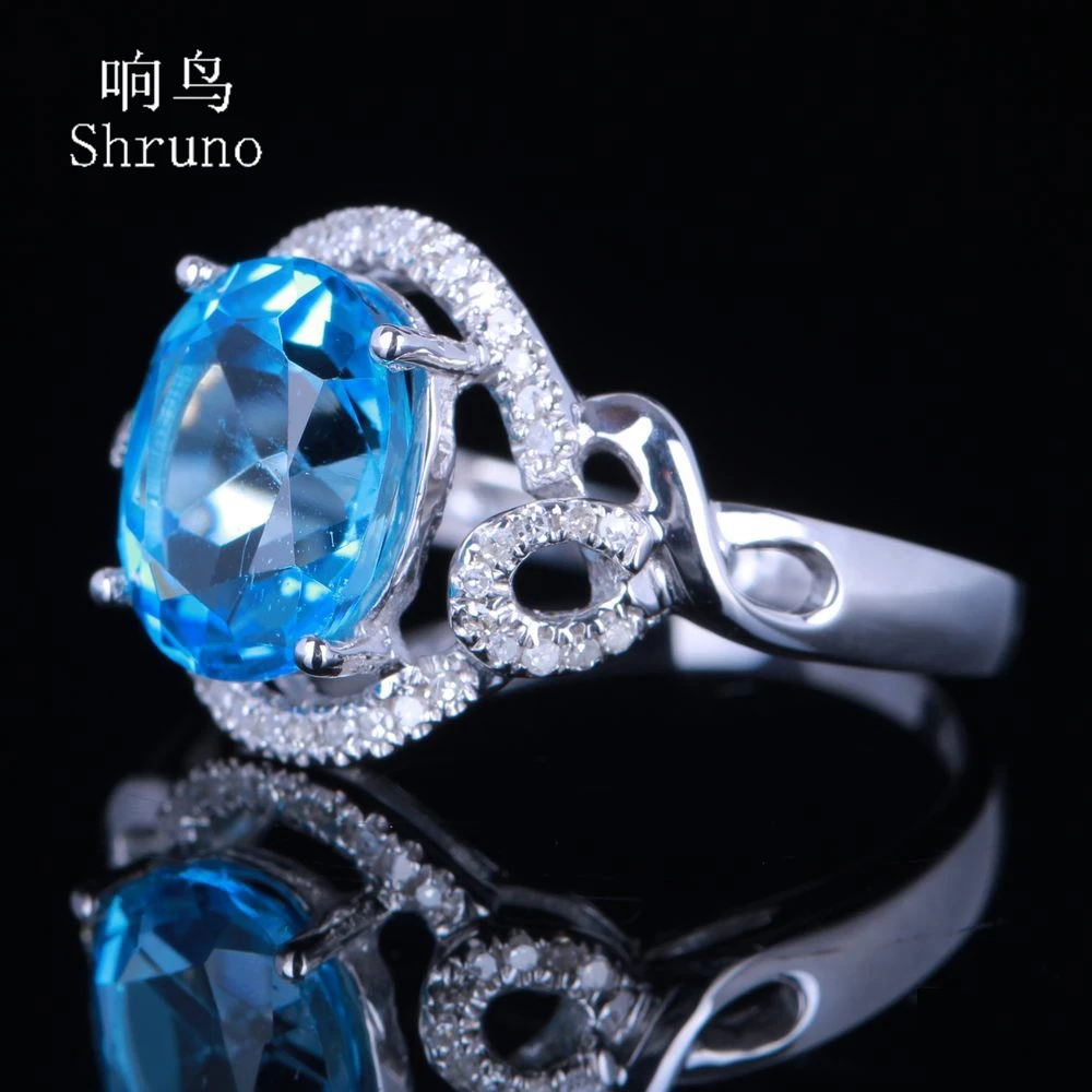 Shruno Solid 14K White Gold Natural Diamonds Engagement Ring Oval 10x8mm Genuine Blue Topaz Gemstone Jewelry For Women Gift