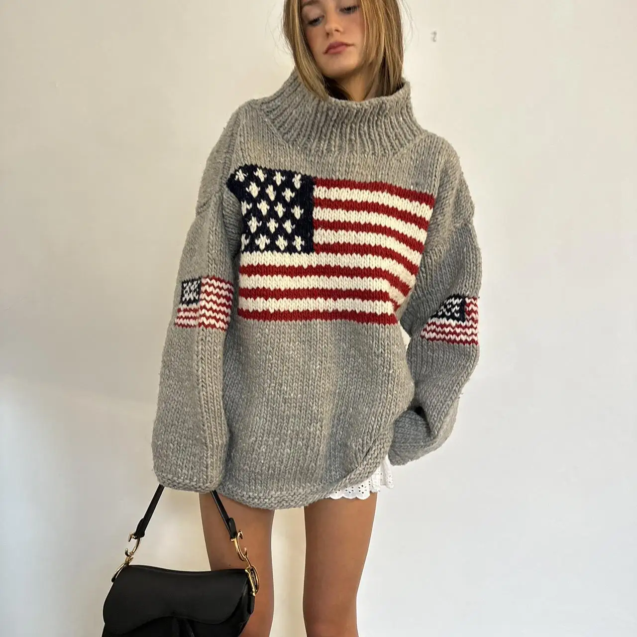Autumn and winter women\'s loose sweater casual national flag jacquard round neck long sleeved pullover sweater knitted pullover