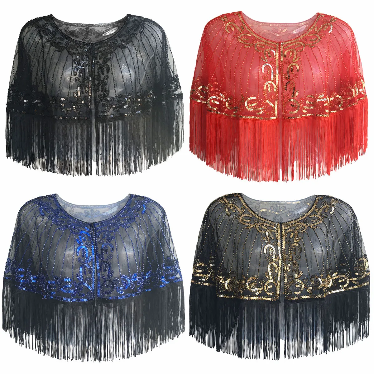 

Women Ladies Retro Shawl Vintage 1920s Shiny Sequin Beads Fringe Tassel Cape Bride Shawl Evening Dresses Cover Up