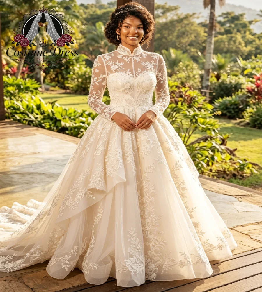 Romantic High Neck African Wedding Dress 2027 Long Sleeve Lace Tiered Ruffles Garden Bridal Gown Chapel Train A Line Customized
