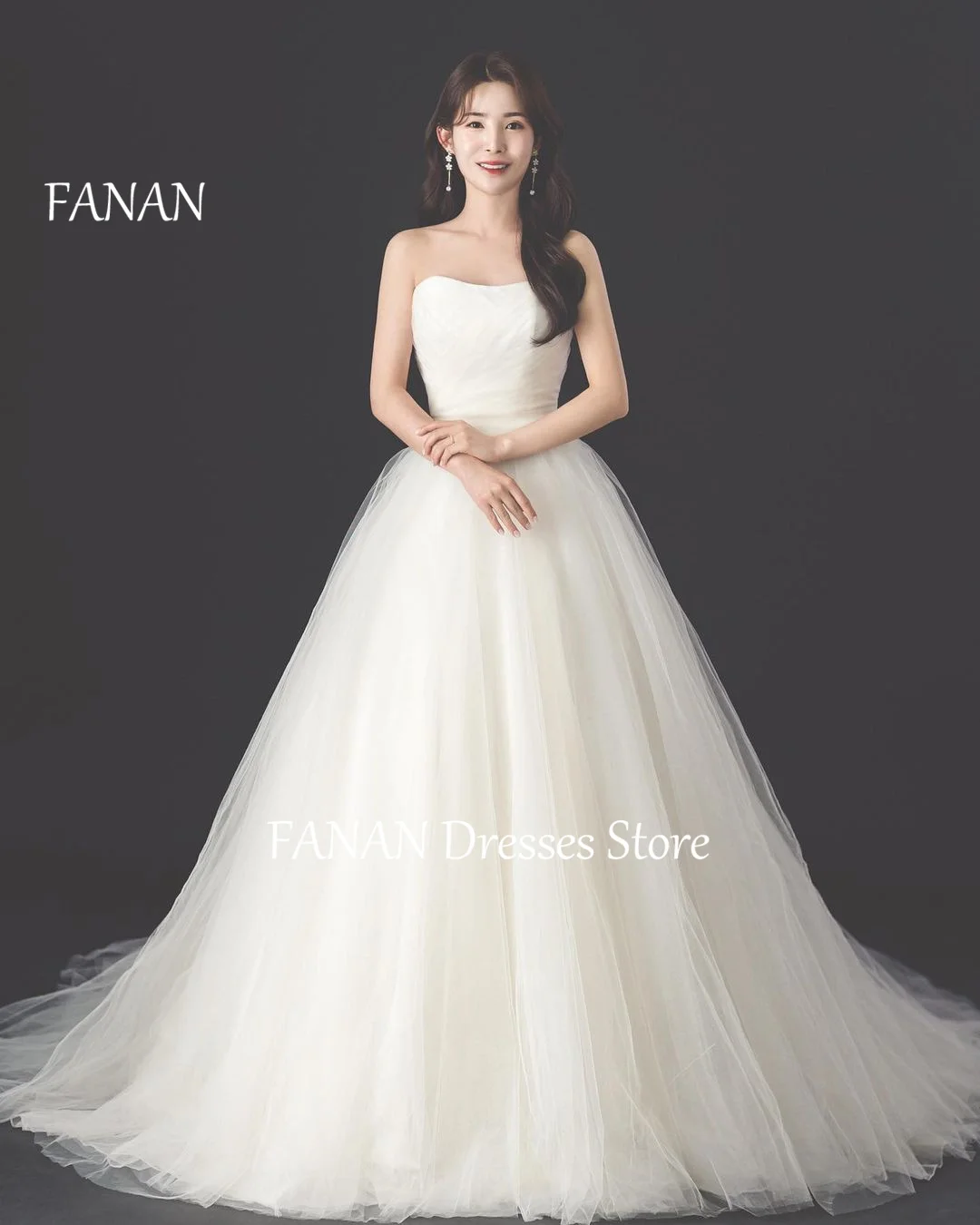 Gaun pernikahan model A-Line tanpa tali FANAN Korea Dresses 드드yar gading tanpa lengan Tulle Ruched gaun pengantin buatan kustom sederhana ukuran Plus