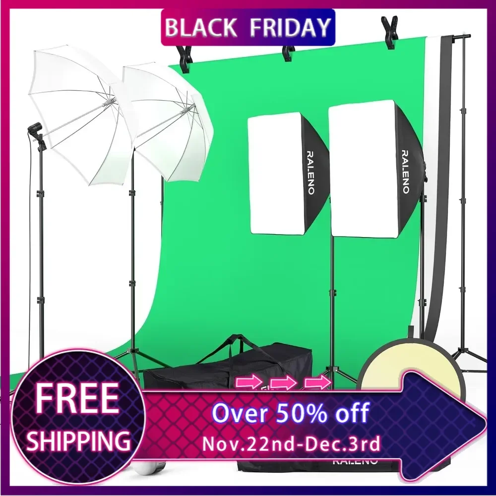 Photography Lighting Kit, 8.5 x 10 ft Backdrop Stands with Green Screen,Softbox and Umbrella with 5500 K, 97CRI, LED Light Bulbs