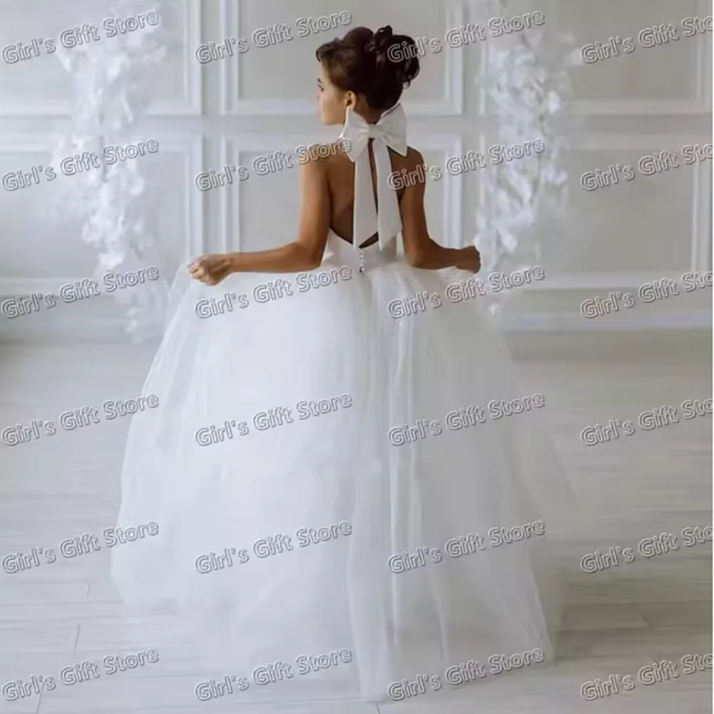 Backless Satin Tulle Flower Girl Dresses Wedding with Bow Princess Birthday Party Pageant Ball Gowns for Girls