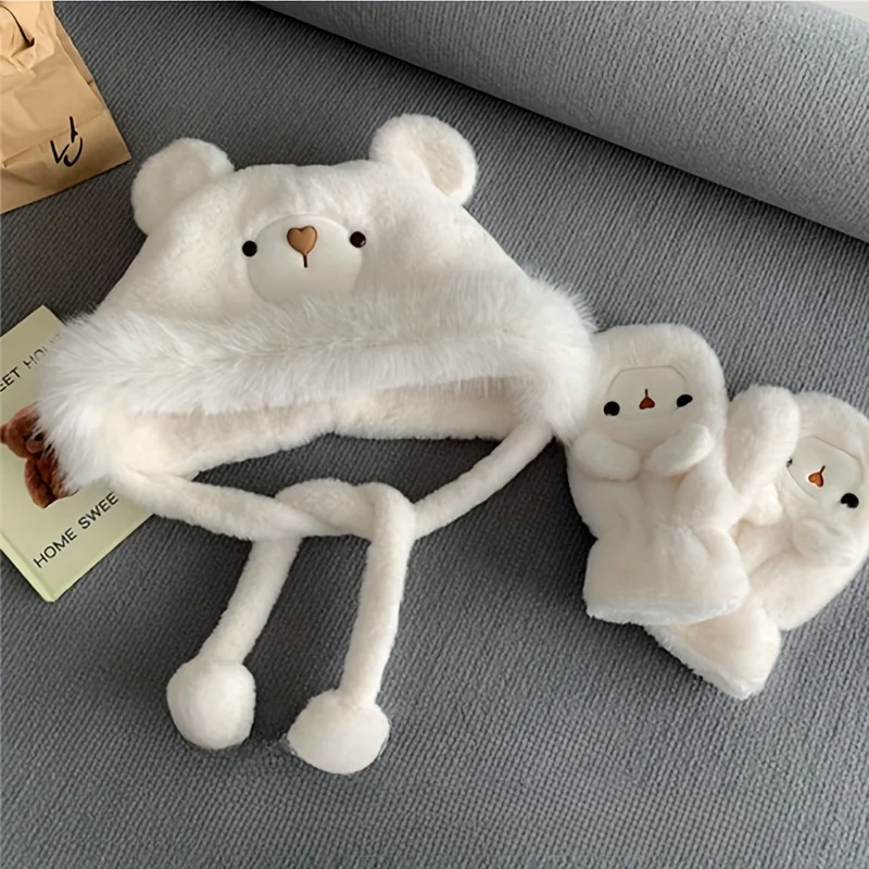 طقم قفازات وقفازات شتوية لطيفة على شكل دمية دب قطيفة مكونة من قطعتين، مع قبعة دافئة سميكة مقاومة للرياح والبرد وحماية الأذن