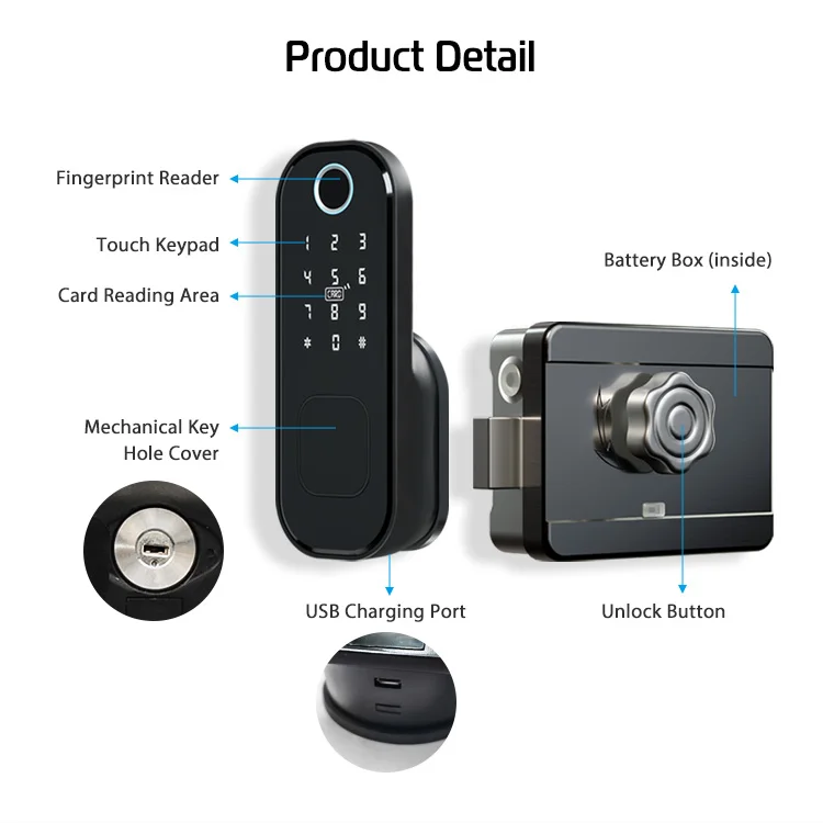 Fingerprint Smart Lock Outdoor Gate Remote Control Bluetooth TTLock App Passcode Rfid Card Keyless Electronic Smart Door Lock