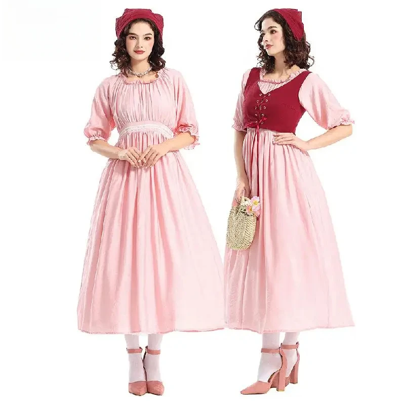 Halloween Pink Victorian Renaissance Party Dress Women Mid-Sleeve Vintage Medieval Lace Ball Gown Costume Masquerade Outfit