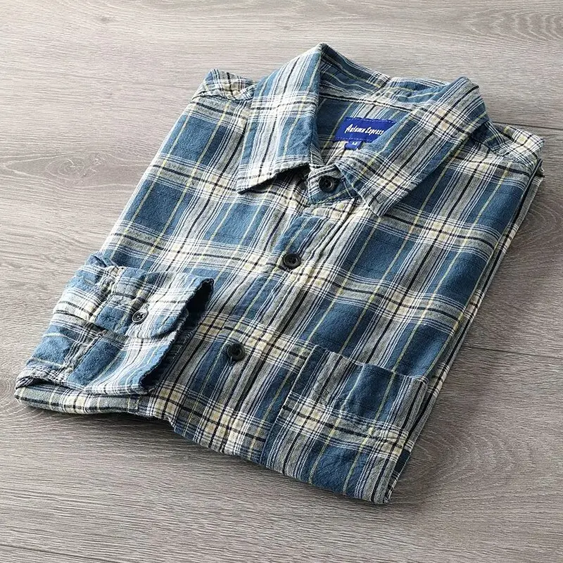 

Loose Casual Men's Long Sleeve Shirt Spring Autumn Plaid Pattern Warm Youth Popular Style Button Closure Classic Collar Coat