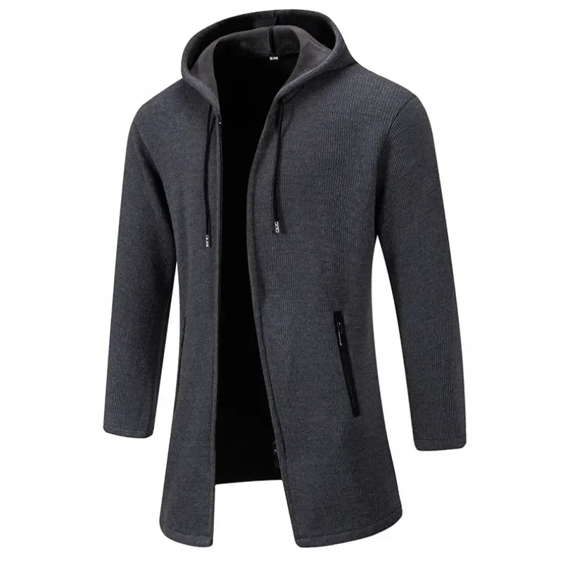 Winter Mens Fashion Hooded Long Coat Solid Color Warm Thick Casual Long Sleeve Zipper Jacket Mens Cardigan gabardina hombre