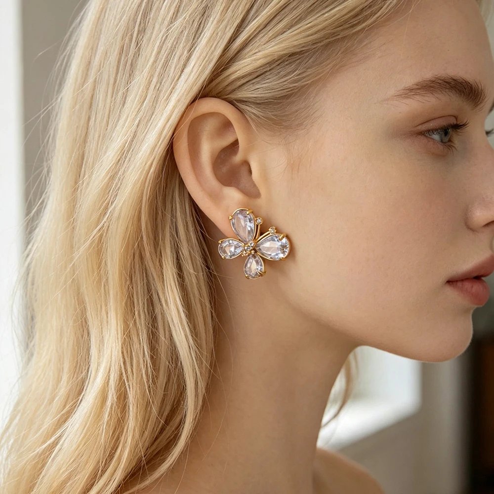 JeeMango Delicate Cubic Zirconia Butterfly Animal Earrings Women Stainless Steel Trend Insect Accessorie for Daily Life E26132