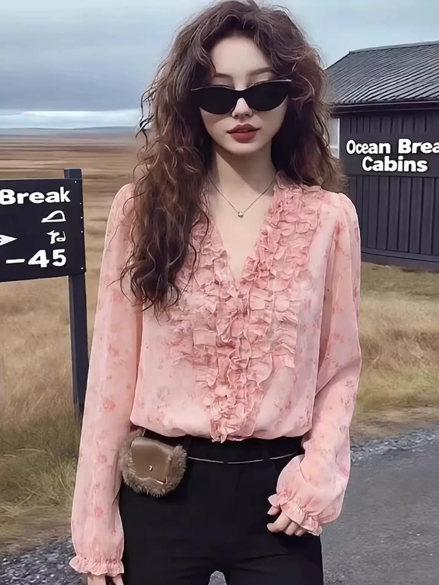 Pink Korean Style Casual Floral Print V-Neck Long Sleeve Women's Shirt Summer New Loose Versatile Top with Gathers