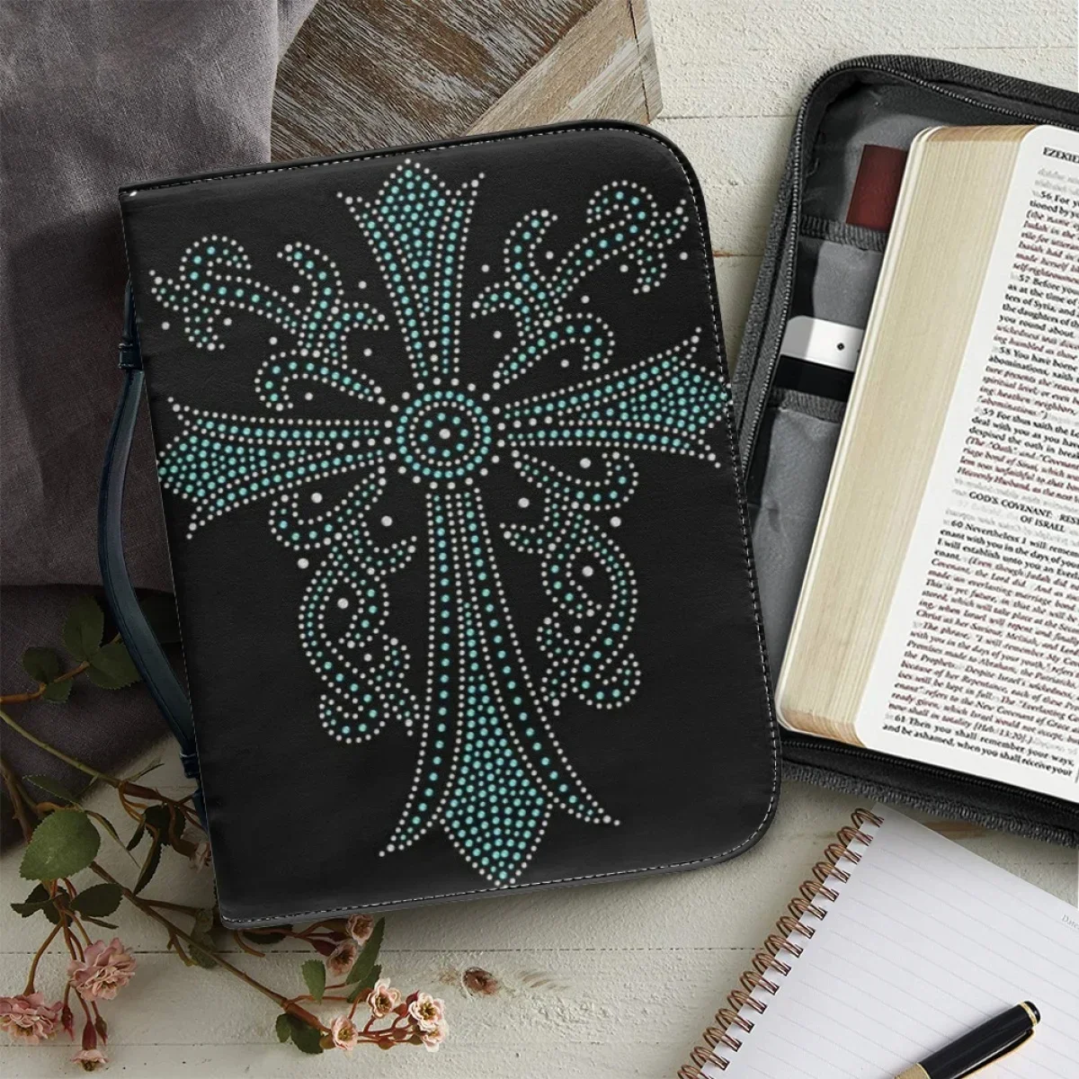 

Womens Bible Cover Case Christian Cross Print Design Bible Storage Bags for Ladies Handbags Zippered Handle Bible Carrying Case