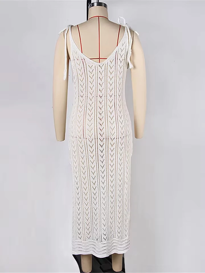 S - XL Sleeveless Hollow Out Crochet Knitted Tunic Beach Cover Up Cover-ups Beach Dress Beachwear Female Women Beach Wear V6811