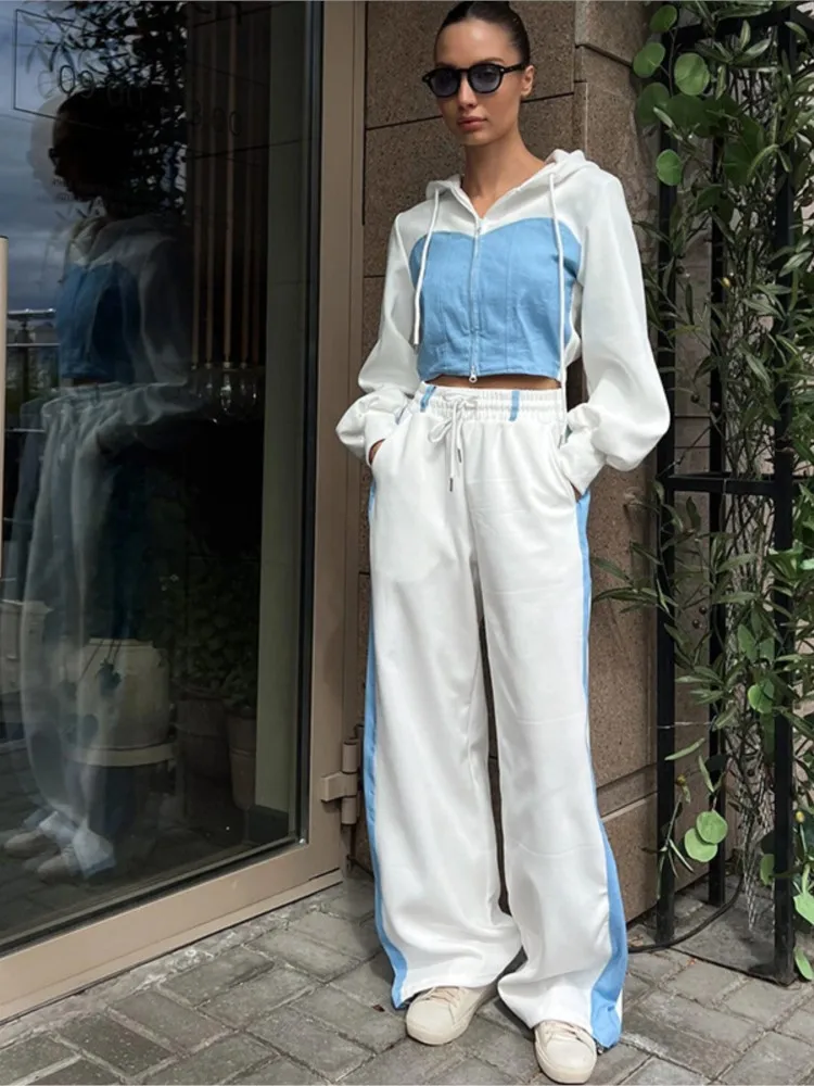 

Spring Autumn Casual Hoodies 2 Piece Sets Women's Long Sleeve Zipper Lace-up Tracksuit New Crop Tops Wide Leg Sport Pants Set