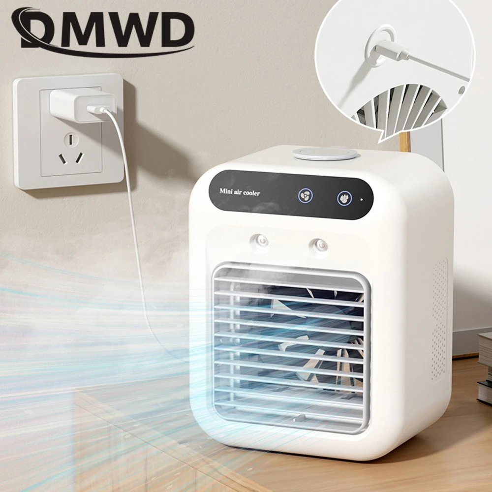 DMWD Electric Fan Air Conditioner Mini Mist Spray Humidification Desktop Cooling Machine Rechargeable Air Cooler Quick Cold