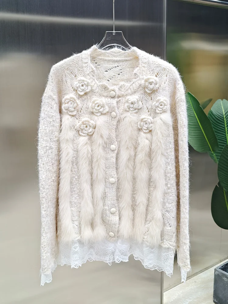 2025秋冬 レディース フォックスファーコート セーター 天然フォックスファーストリップ縫い付け ターコイズセーター アウター ホットセール