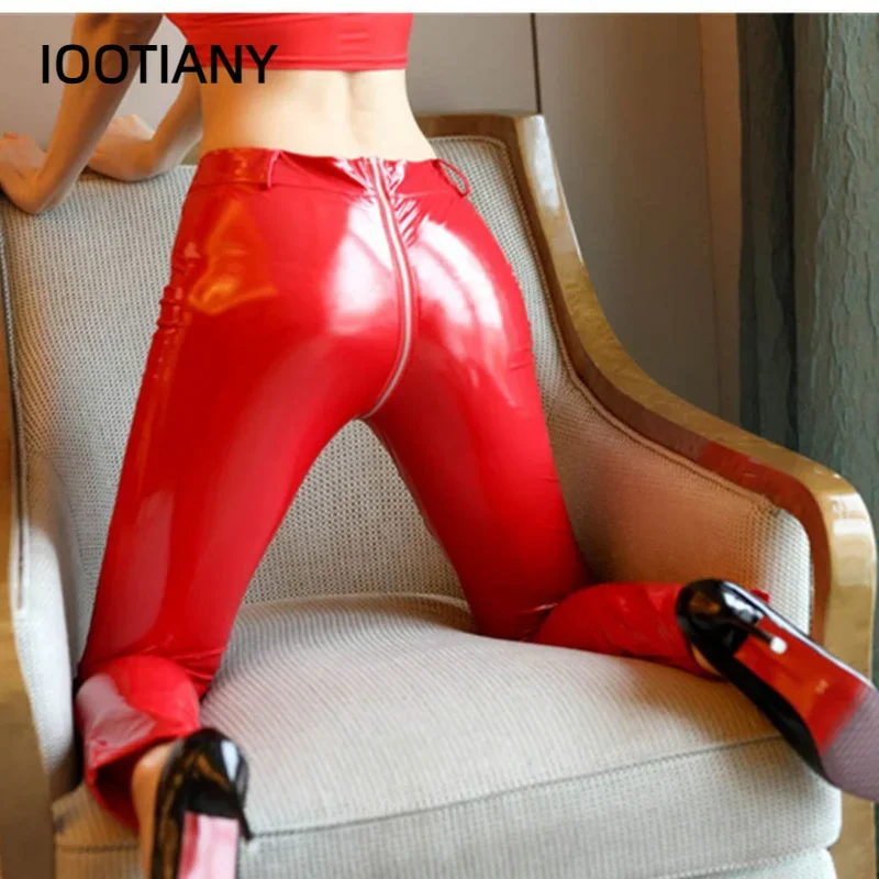 CosplaySexy أحمر أسود بولي PU فو الجلود بناطيل ضيقة مفتوحة المنشعب طماق المرأة سستة مفتوحة المنشعب سليم بنطلون