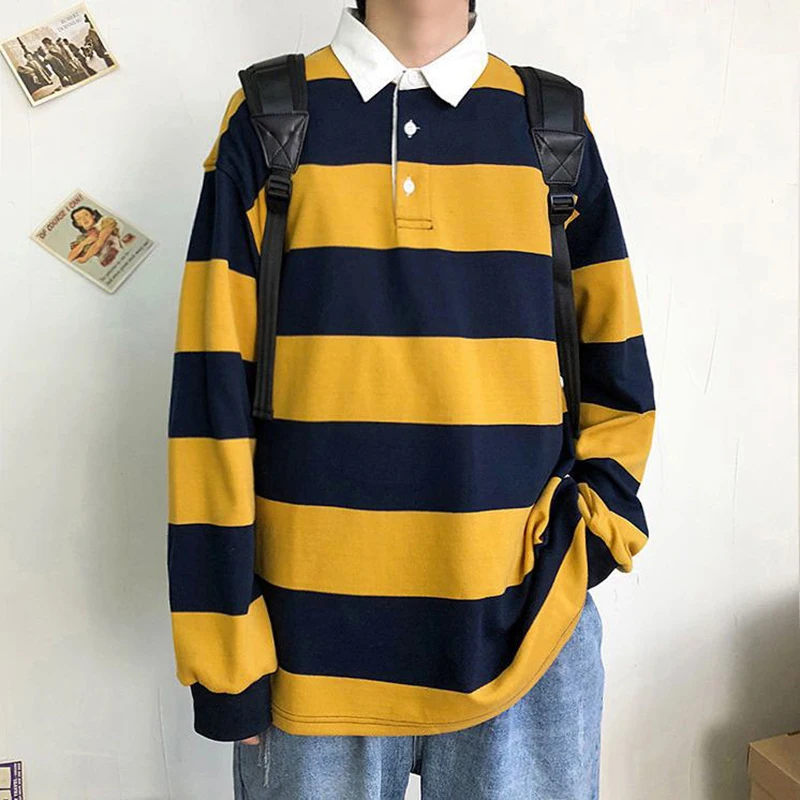 Sudadera de manga larga con estampado a rayas para hombre, ropa informal de gran tamaño, con solapa, a la moda, color amarillo y blanco, para Otoño