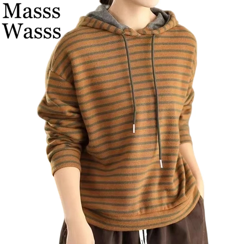 

Masss Wasss Winter Vintage Hooded Fur Tops Womens 2025 Fashion Loose Thicken T-shirts Ladies Striped Classic Casual Warm Clothes