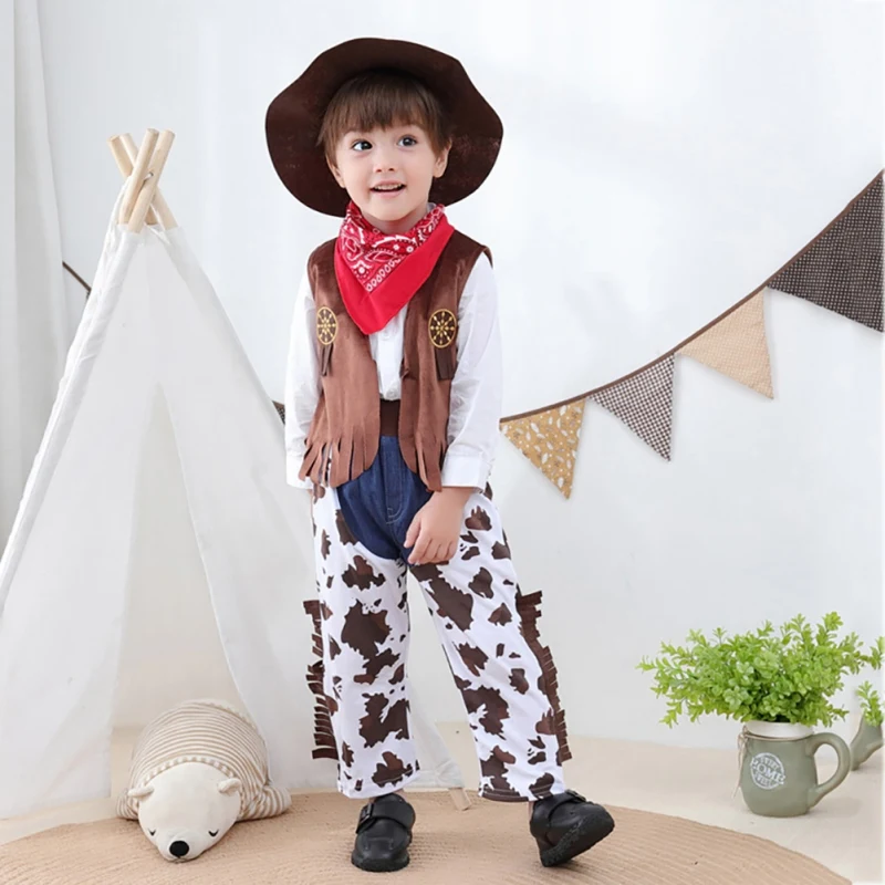 Kids Clothes Set 4Pcs Cowboy Costume for Infant Toddler Child Boys Vest+Pants+Scarf+Hat Vintage Fashion Cosplay Clothing 18M-6Y