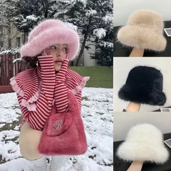 2024 y2k Fluffy Faux Fur Bucket Hat Women Rabbit Fur Warm Thick Plush Winter Hat Lady Luxury Fashion Party Panama Fisherman Cap
