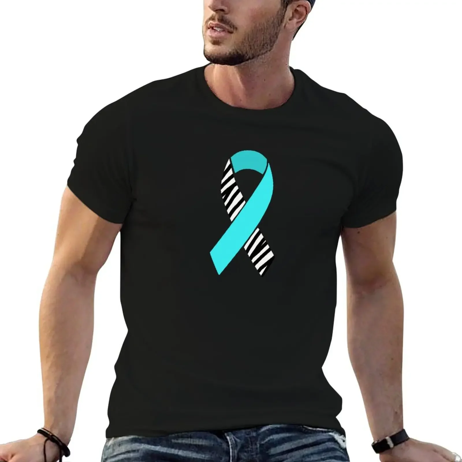 Turquoise and Zebra Print Awareness Ribbon (Dysautonomia and EDS) T-Shirt graphic shirts anime figures Short sleeve tee men