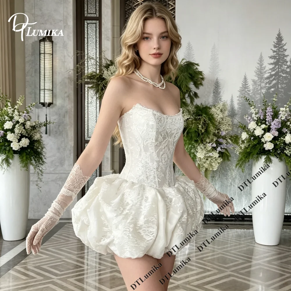 Playful Romantic Short Bridal Gown Strapless Floral Lace Corset Mini Wedding Dresses Bubble Puff Skirt Wedding Reception Dress