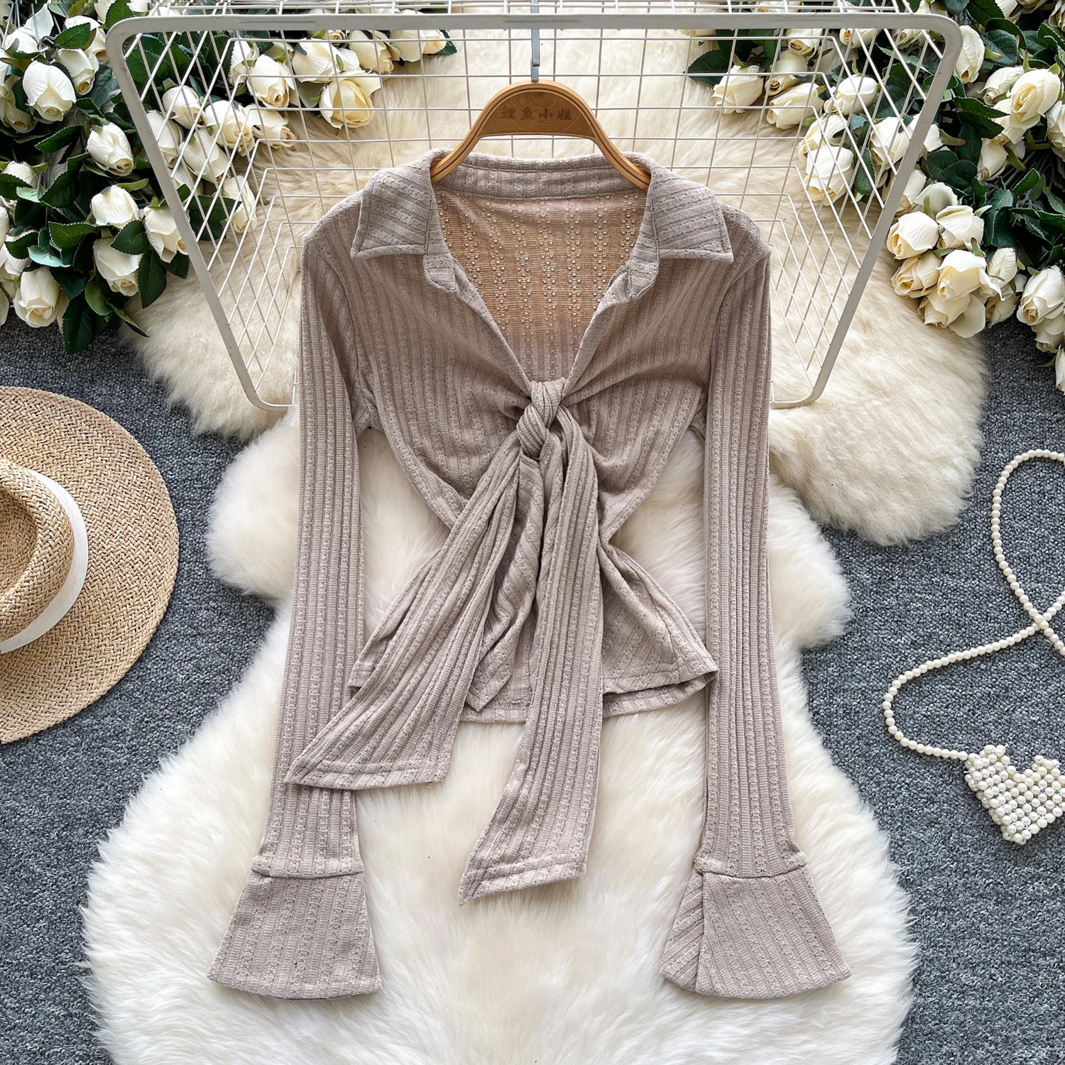 

Винтажная элегантная шикарная вязаная блузка с длинными рукавами и v-образным вырезом, модная рубашка, повседневная женская рубашка феи