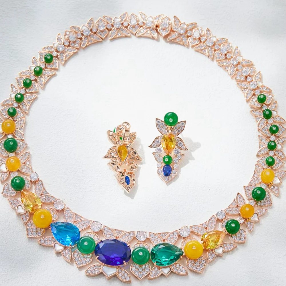 Colored Yellow Blue Green Gemstone CZ Diamond Tennis Chain Choker Necklace or Earrings or Pseudo Gold Jewelry Sets For Women