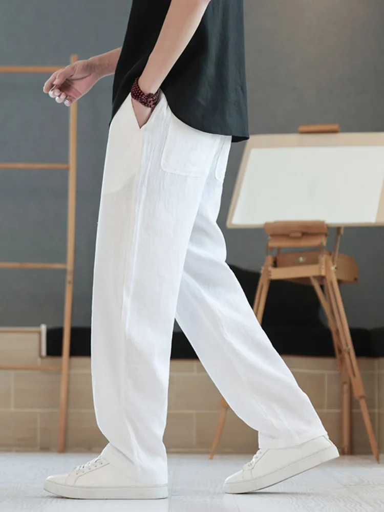 

Белые льняные повседневные брюки для мужчин: свободные, прямые, широкие, мягкие, удобные, дышащие, из хлопка и льна, для отдыха