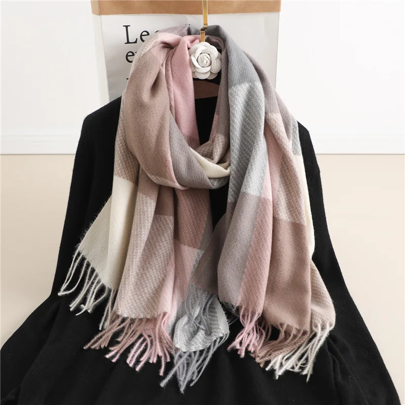 Cachecol xadrez de caxemira para mulheres, pashmina longa, foulard, lenços femininos, xale Lady Tassel, wraps poncho de viagem, cobertor, quente, luxo, inverno