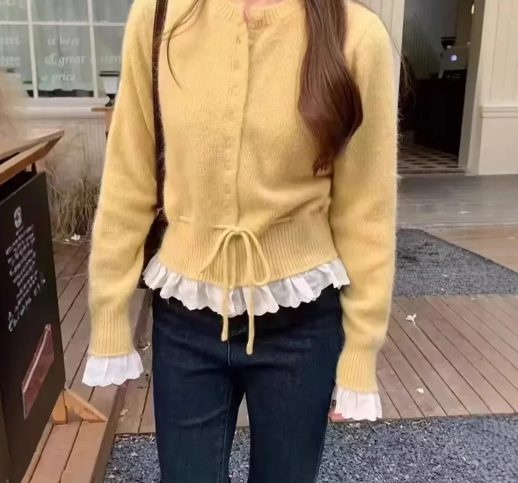 Herbst Winter Neue Kordelzug Taille Nach Inward Kleidung Koreanischen Stil Langarm Spitze Splice Gestrickte Pullover Mantel frauen