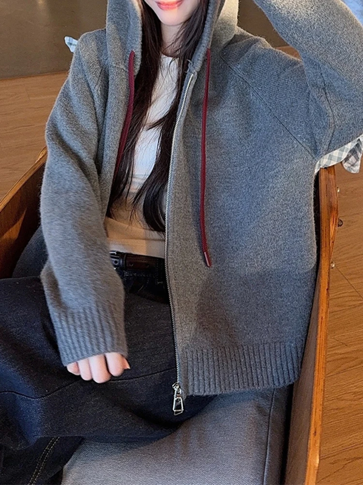 Ladies' Loose Fit Zipper Knitted Hoodie Outerwear Autumn Winter Casual Sle Long Sve Thiened Sweater Coat for Women