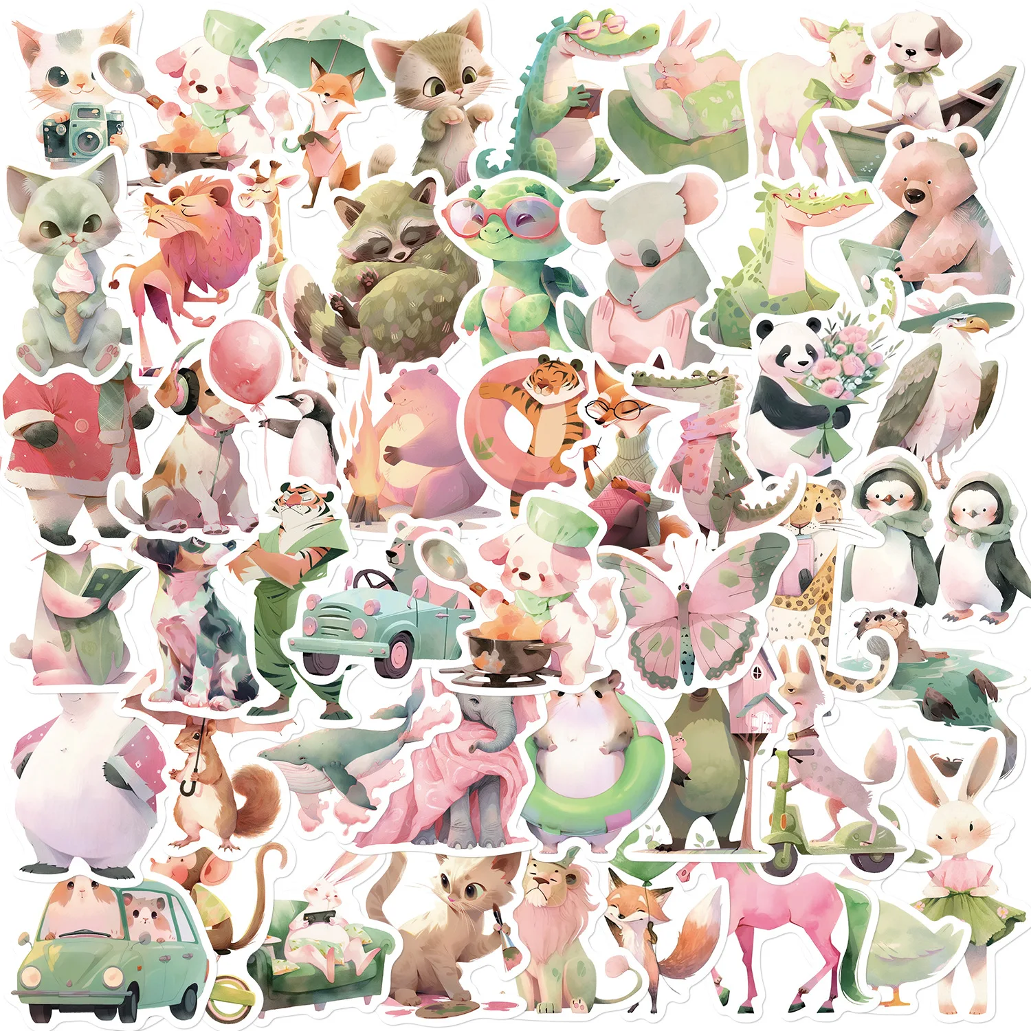 

50PCS Pink Green Animals Stickers Decals for Phone Laptop Notebook Suitcase Guitar DIY Cartoon Aesthetic Stickers