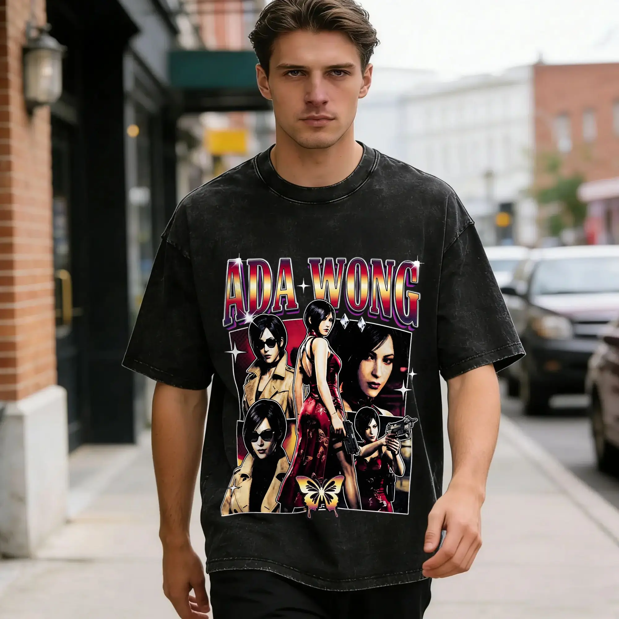 Funny Ada Wong Red Dress T-Shirt  Men Round Neck Pure Cotton Washed T Shirts Residents Evil Short Sleeve Tees Plus Size Clothes