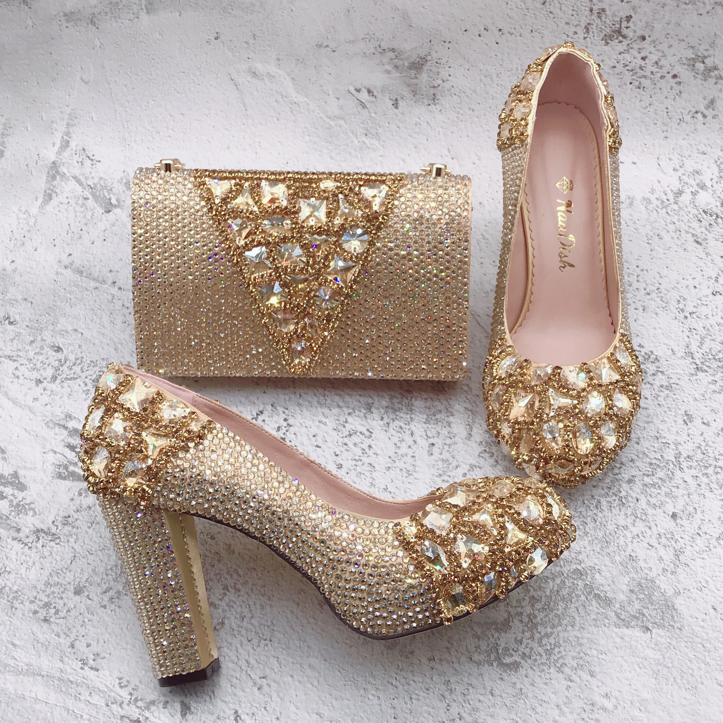 

BS1643 Luxury Custom Made Bridal Wedding Champagne Gold Crystal Shinning Rhinestone Shoes And Bag Set For Women