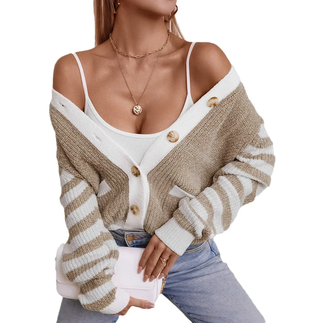 Frauen Herbst Winter Gestrickte Strickjacken Weibliche Kontrast Streifen Langarm Tops frauen Verdicken Warme Pullover Mäntel 2025 Neue