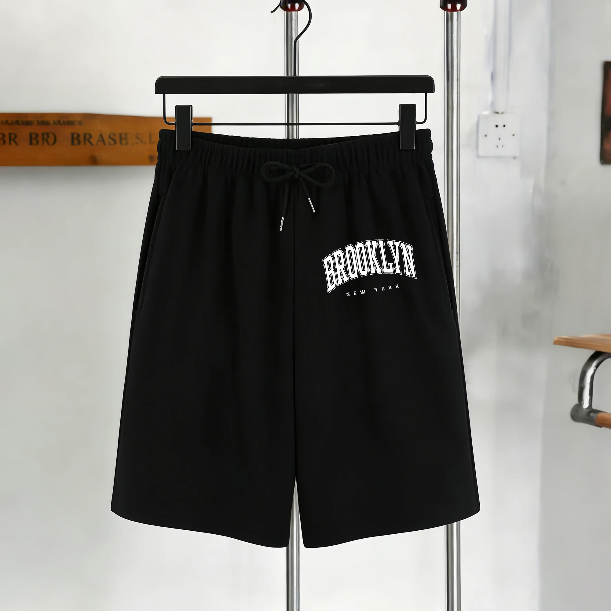

Brooklyn New York Design Mens Pocket Shorts Soft Black Streetwear Casual Drawstring Sweatpants Street Man Fashion Sportwear