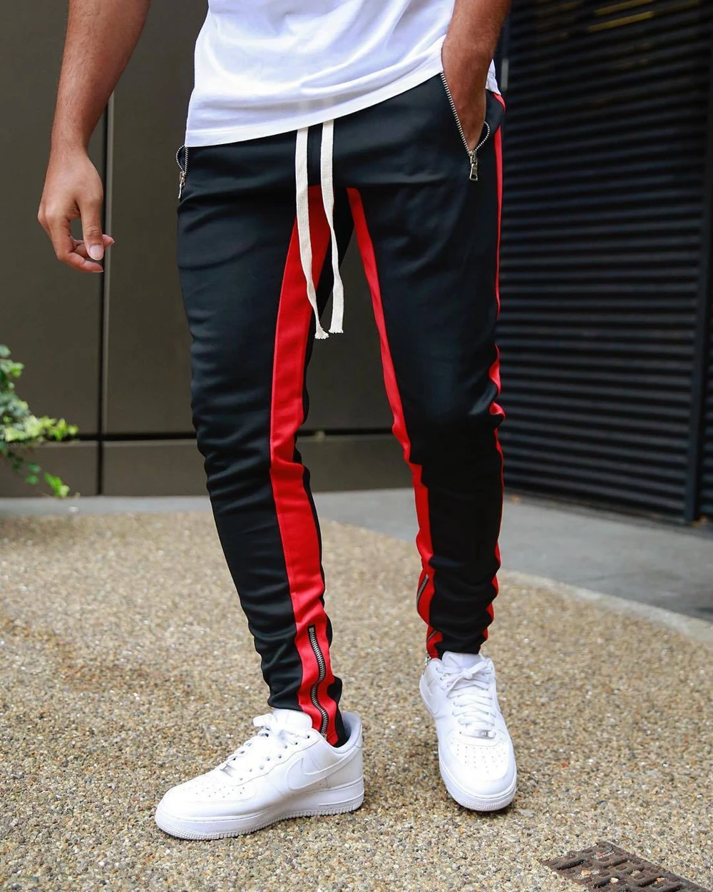 Mens Training Pants GYM Track Sweatpants Joggers Breathable Stripe Workout Fitness Male Running Sport Trousers Zipper Pockets