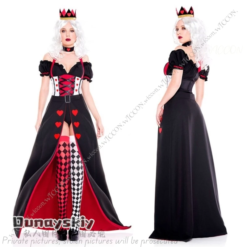 Volwassen Kid Queen of Hearts Wonderland Kostuum Cosplay Halloween Party Maskerade Kostuums Sexy Hoofdtooi + Hals + Top + stropdas Rok + Sokken