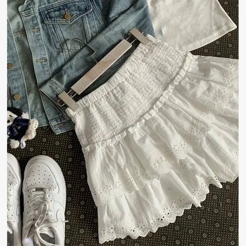 

Lace Hooked Floral A-Line Skirt Women's Summer White Puffy Ballet Sle Cake Skirt High Waist Korean Version Casual Outdoor