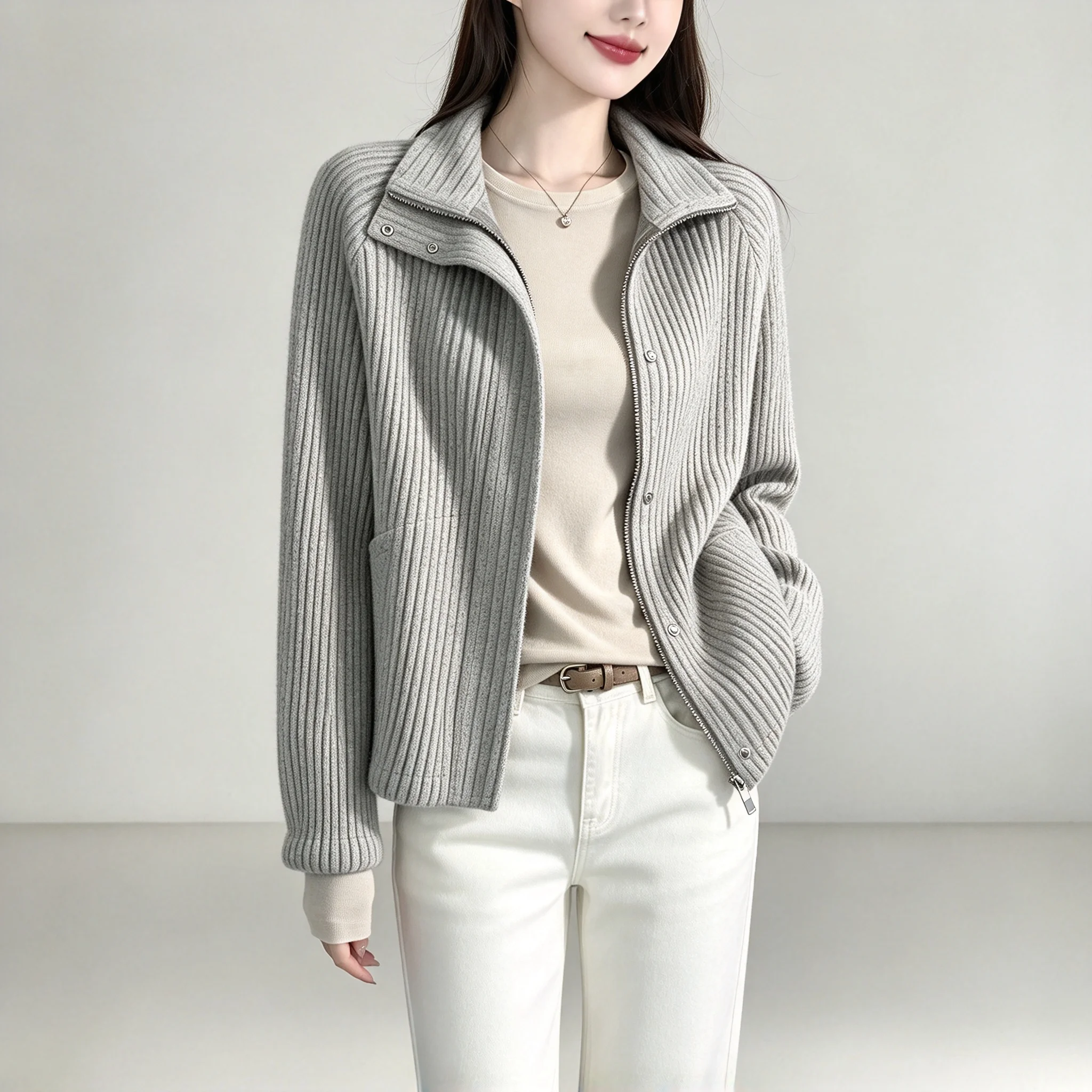 YUDX Miyake Pleated Ribbed Zip Cardigan Women Solid High Neck Long Sleeve Loose Pockets 2026 Fall Winter Jacket Relaxed Weekend