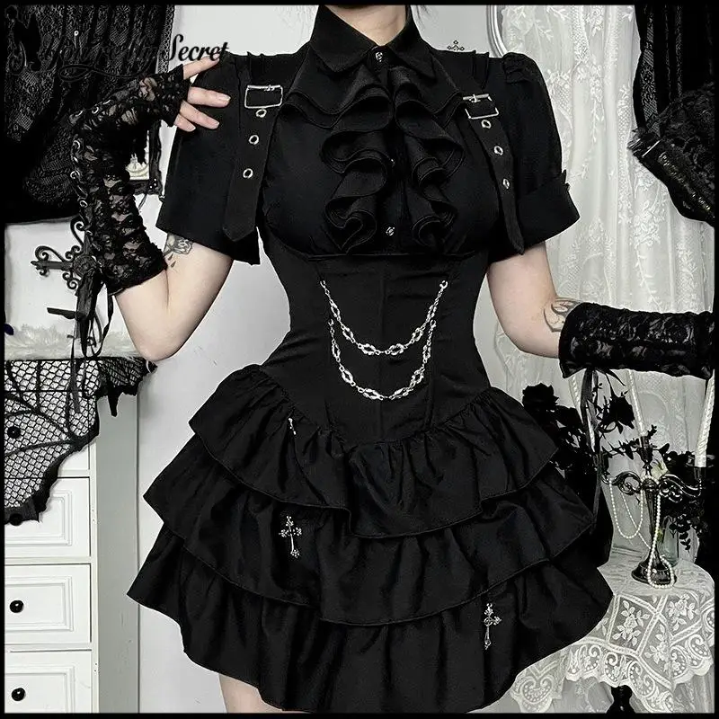 

Gothic Style Short Skirt Women Short Sleeve Shirt Tight Waist Top Punk Fashion Streetwear Vintage Black Sub-Culture Dress Up