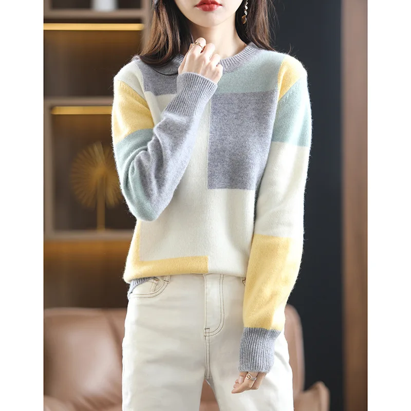 Color Block O-Neck Vrouw Truien Dames Pull Hiver Femme Chandails Frau Pullover Winter Clothes Knitted Tops Women Sweaters 2023