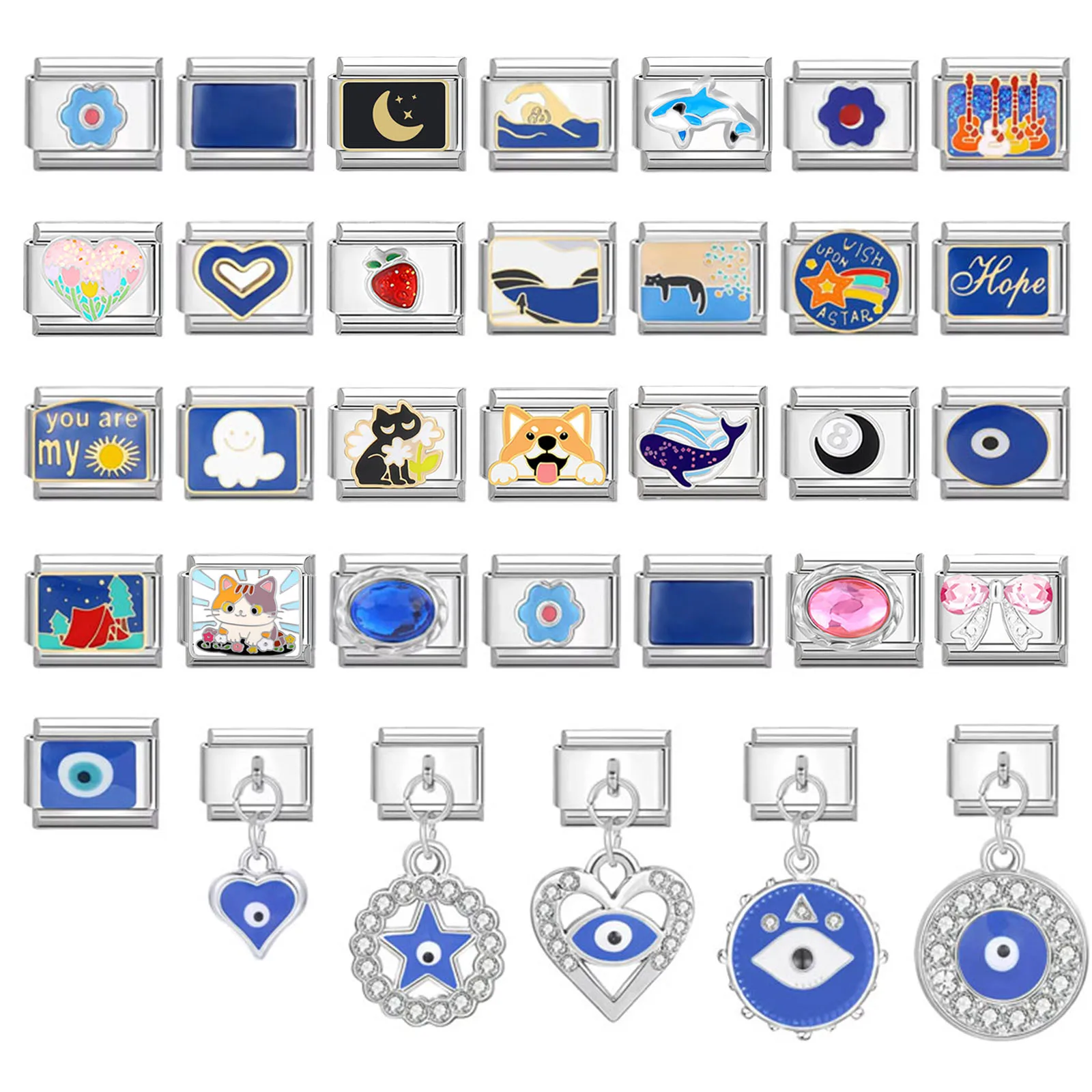 Dulce cereza flores arco corazón guitarra gato diablo ojos Tai Chi italiano encanto enlaces ajuste 9mm pulsera de acero inoxidable DIY hacer