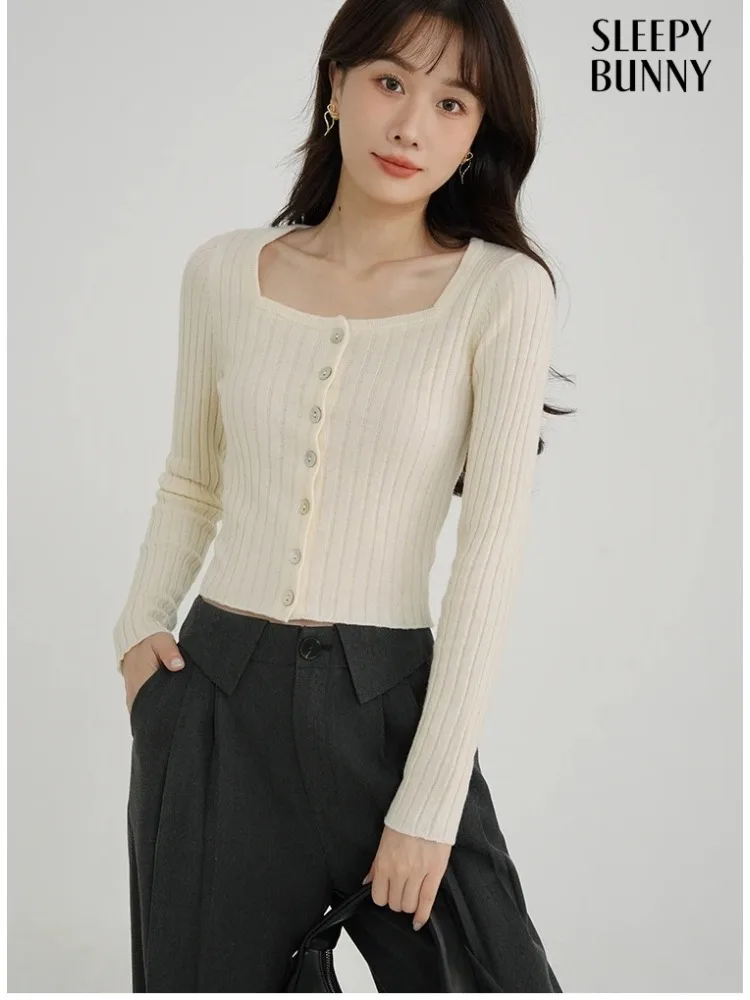 

Винтажный вязаный кардиган в рубчик, женский свитер на пуговицах с квадратным вырезом, топ, облегающий короткий трикотаж, французский зимний мягкий многослойный пуловер