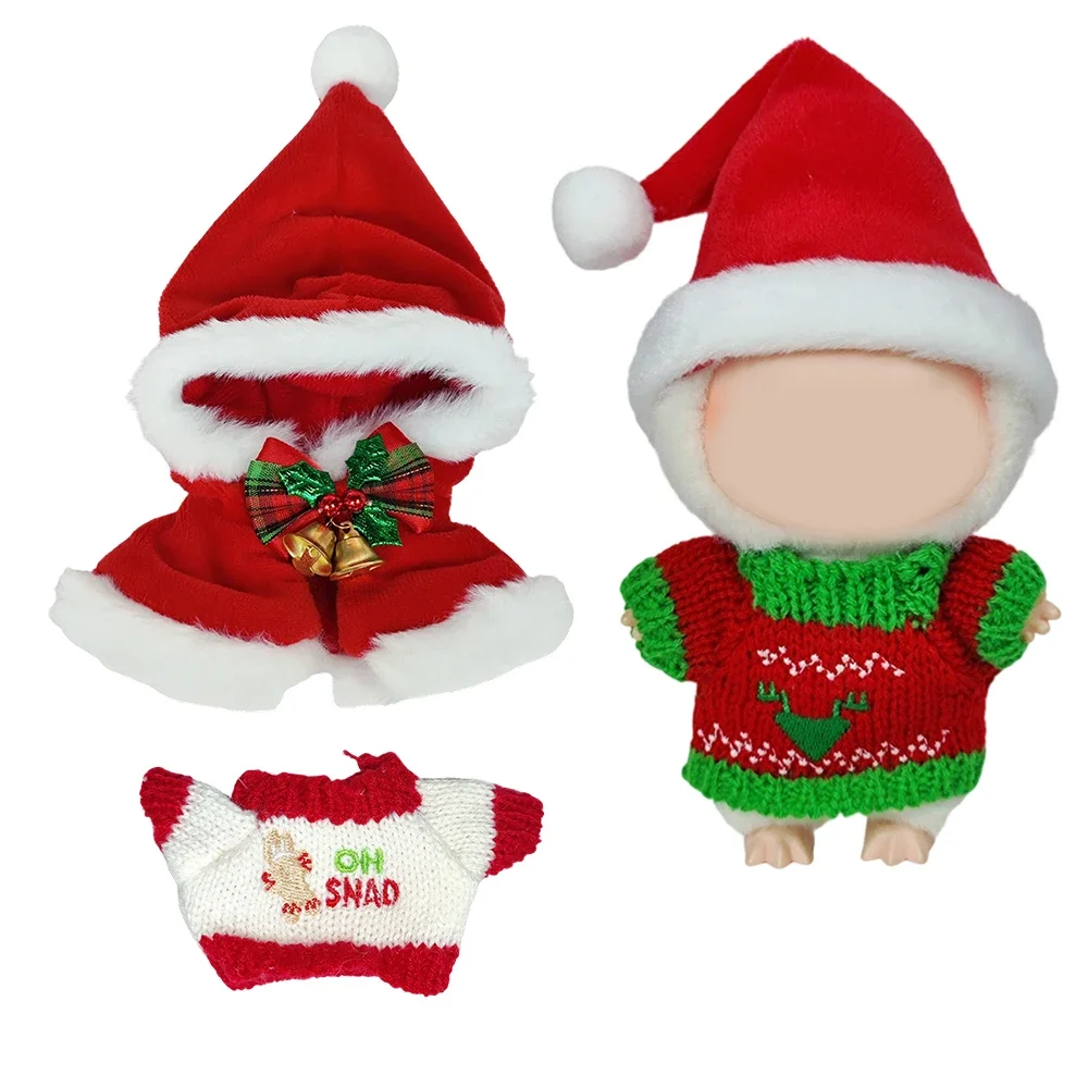 Labubu 인형을위한 크리스마스 복장 빨간 크로 셰 뜨개질 모자 드레스 빨간 안경 핑크 카메라 산타 모자 진저 브레드 스웨터 인형 장식