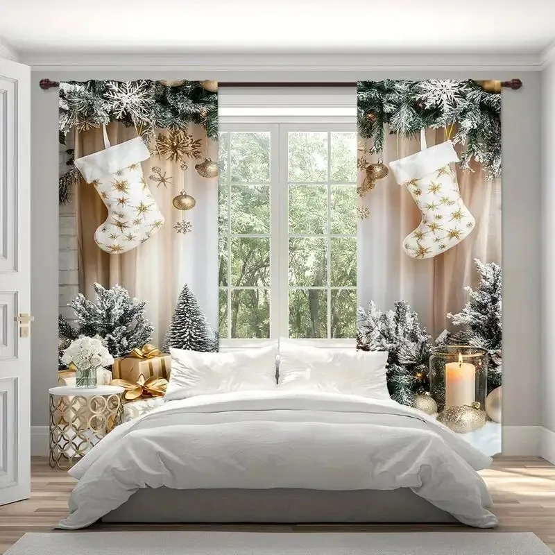 2PCS Digital Print Curtains, White Gold Christmas Stockings Pine Balls Gifts Snow, Farmhouse Holiday for Living Room Bedroom